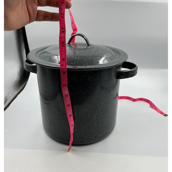 Vintage EnamelWare Black Speckled White Medium Stock Soup Pot W Lid - Picture 3 of 10